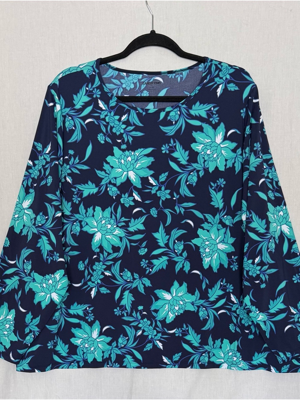 Lands End Shirt 3X Blue Teal Floral Long Sleeve Swim Rash Guard SunShade Top UPF